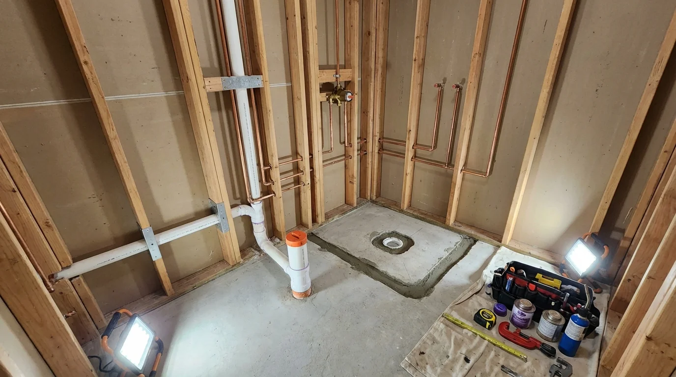 Bathroom rough-in plumbing during remodel by Johns Plumbing LLC in Eatonville