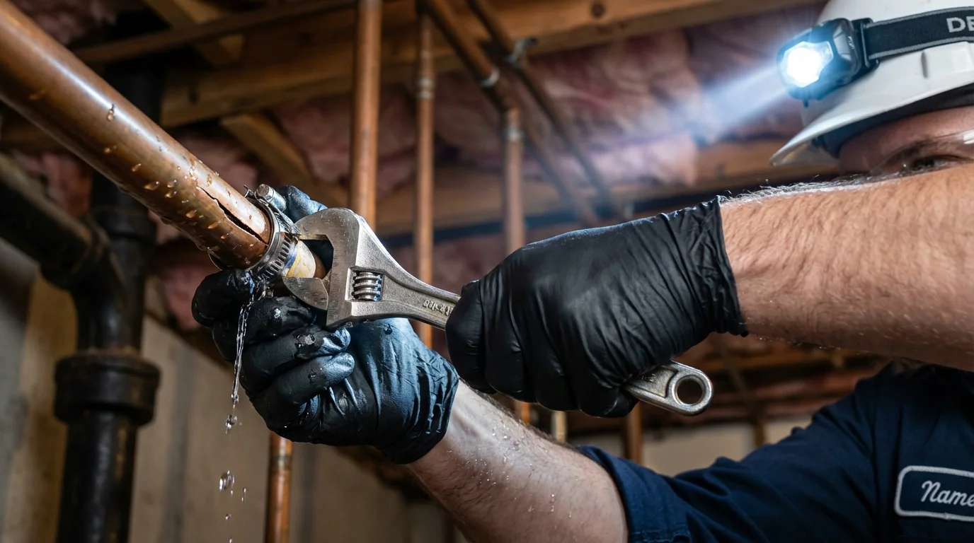 Emergency pipe clamp repair being performed by a Johns Plumbing LLC plumber in Eatonville