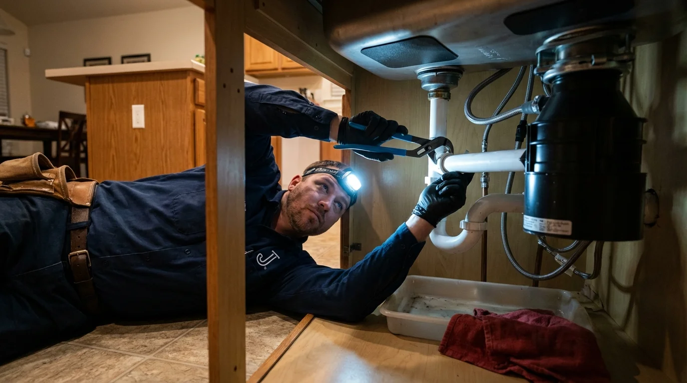 P-trap and supply line connections under a kitchen sink showing a common leak point in Eatonville, WA